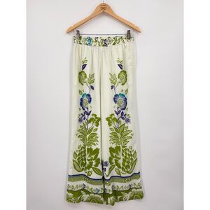 Haute Hippie Palazzo Pull-On Pants, Small, Cotton Floral White Green Purple
